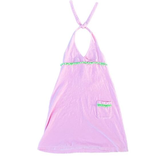 Vintage Lilly Pulitzer Pink Green Pom Pom Trim Terrycloth Halter Mini Dress - Picture 1 of 3